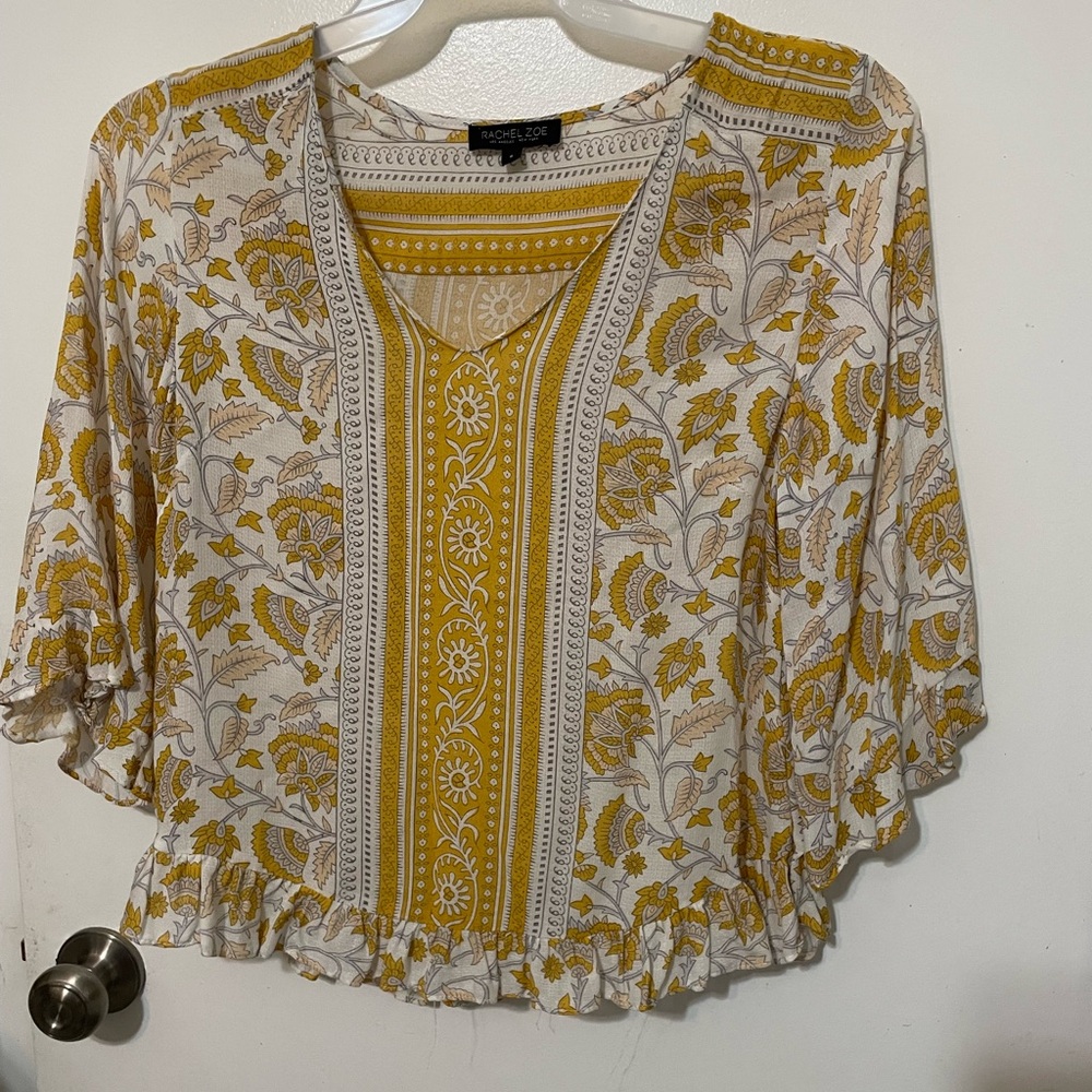 Rachel Zoe Mustard Yellow White Semi Sheer 1/2 Sleeve floral Babydoll blouse SM